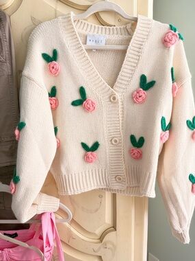 New never worn Mable Cream Knit Cardigan with Pink Rose Appliqués